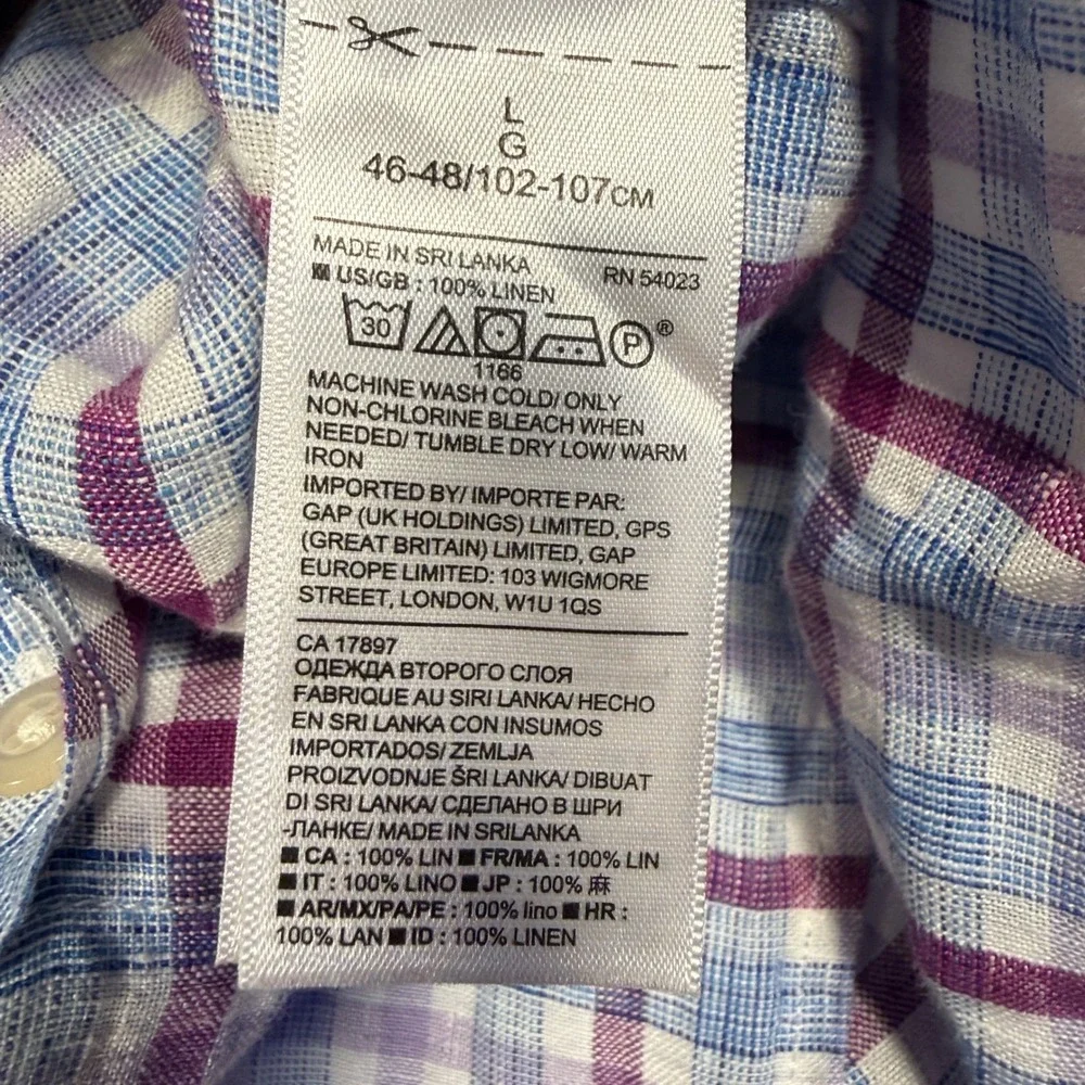 Banana Republic Button Down Mens Large Blue Purple Plaid 100% Linen Camden Shirt